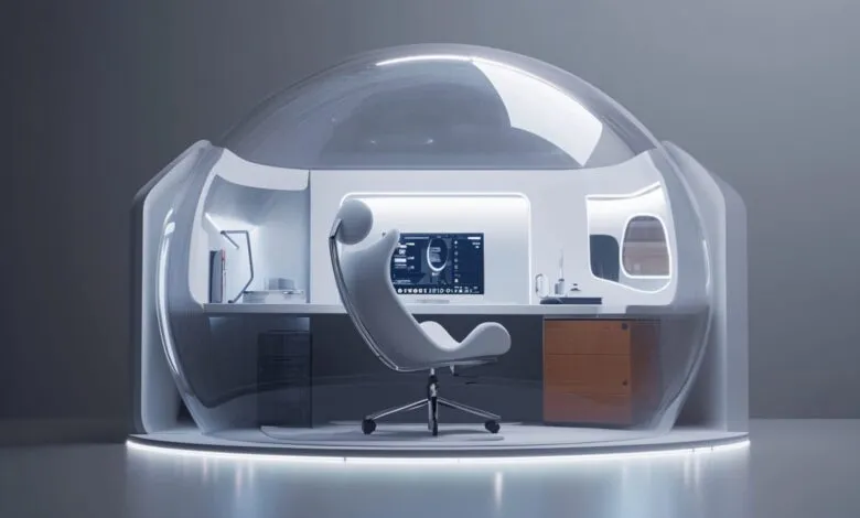 Futuristic workspace with a transparent dome, desk, chair, and computer.
