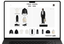 Laptop displaying a virtual clothing try-on interface for PVBLIC SCHOOL New York.