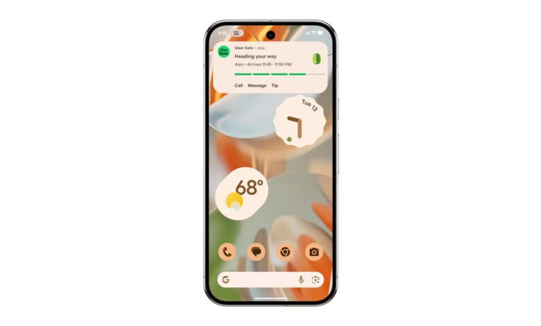 Smartphone screen showing Uber Eats delivery status and weather widget.