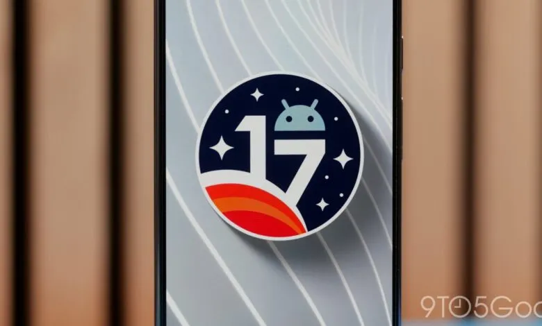 Android 17 logo on phone screen, space theme.