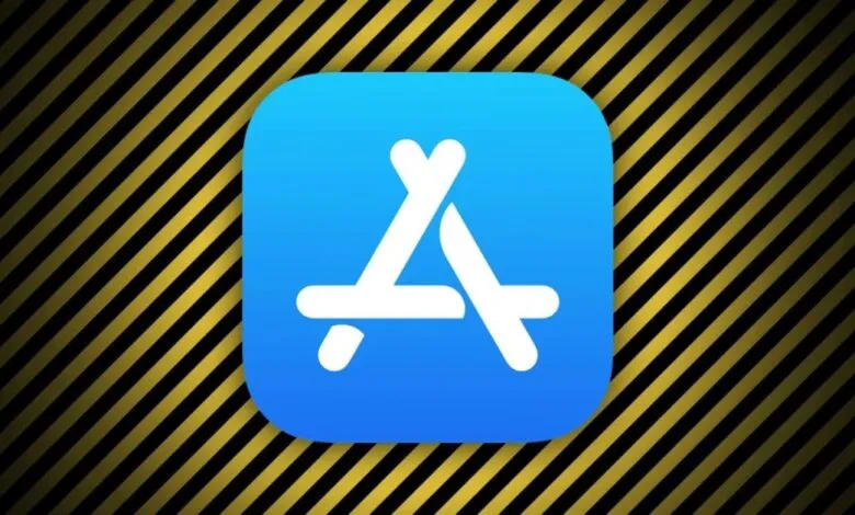 Apple App Store logo on a caution-striped background.