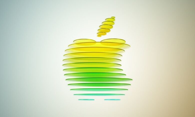 Abstract Apple logo made of stacked, colored discs.