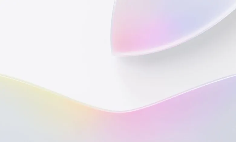Abstract curved shapes with pastel gradients on a white background.