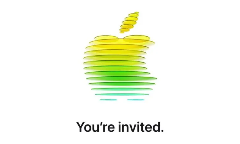 Apple logo made of layered discs in yellow, green, and blue.