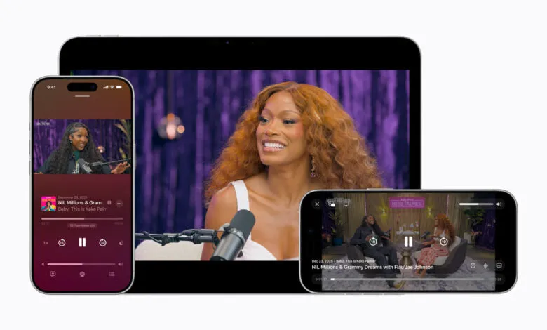 Apple devices showing Keke Palmer podcast on Apple Podcasts with video playback.