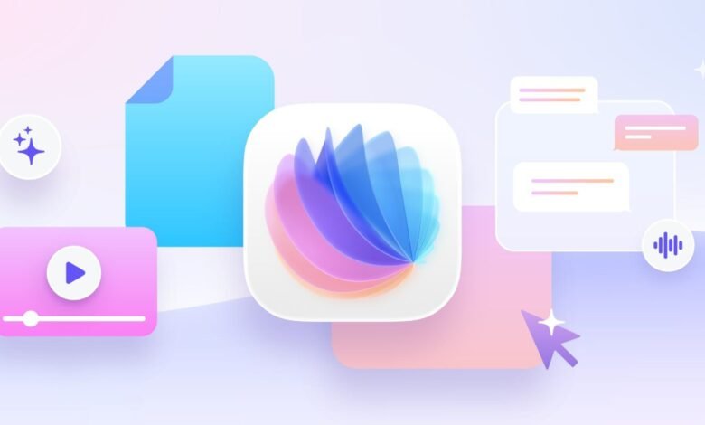 Abstract app icon with document, video, chat, and cursor elements on pastel background.