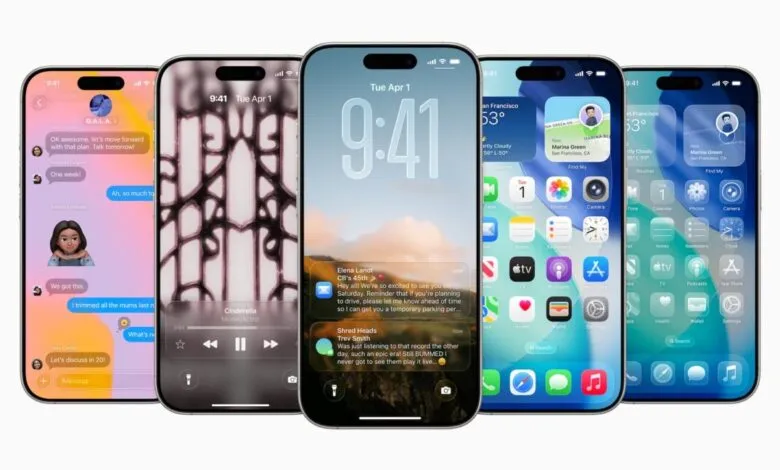 Five iPhones displaying different screens: Messages, music, lock screen, home screen, and widgets.