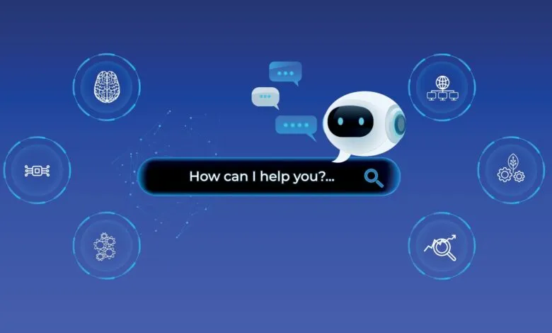 AI chatbot interface with search bar and various technology icons.