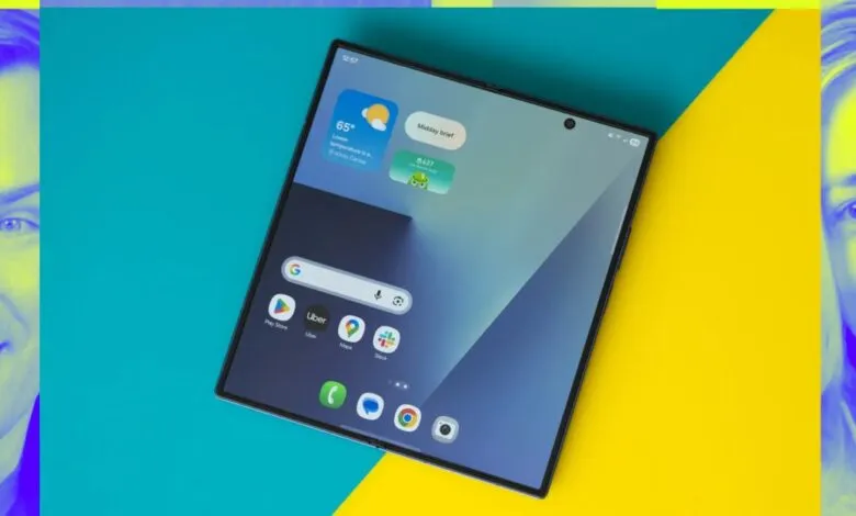 Foldable tablet on colorful background with faces on either side.
