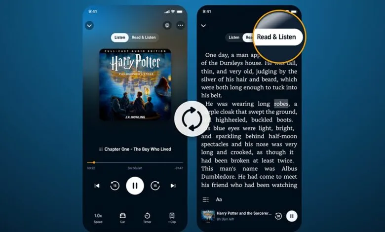 Audible app showing Harry Potter audiobook with listen and read options.