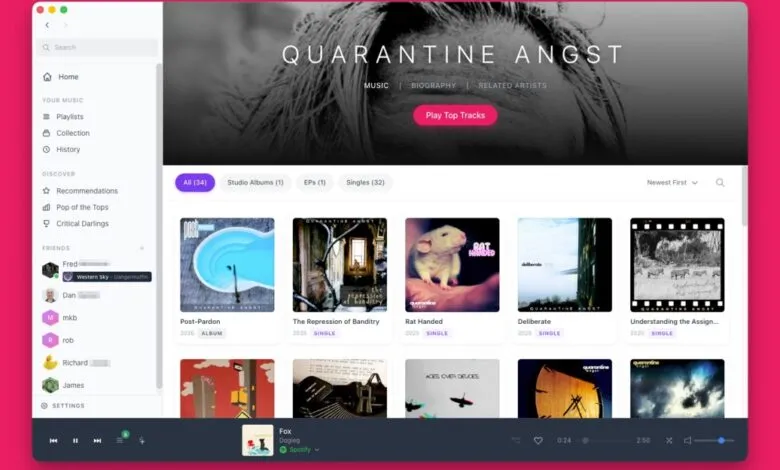 Music app interface showing 'Quarantine Angst' album with various singles and albums.