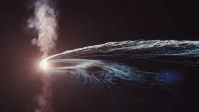 Artistic rendering of a black hole with accretion disk and powerful jet.