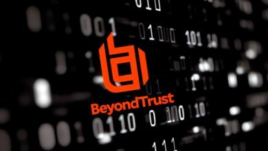 BeyondTrust logo in orange against a background of blurred binary code.