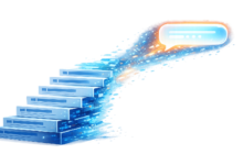 Staircase of search results leading to an AI chat bubble.