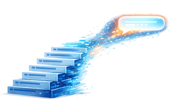 Staircase of search results leading to an AI chat bubble.