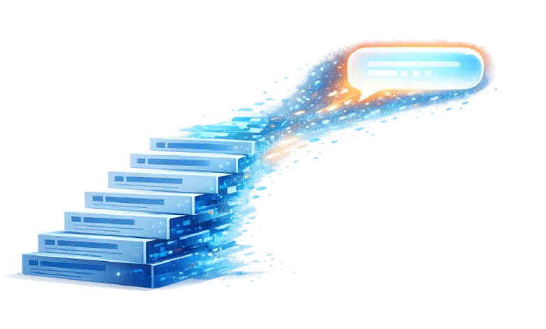 Staircase of search results leading to an AI chat bubble.