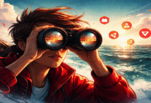 Woman with binoculars searches over the ocean, brand icons float in the sky.