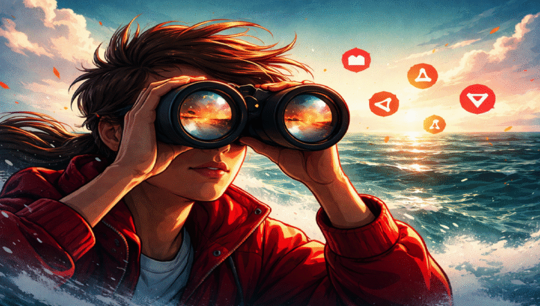 Woman with binoculars searches over the ocean, brand icons float in the sky.