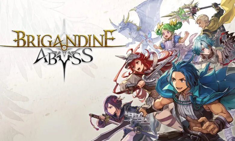 Brigandine: The Legend of Runersia Abyss logo with anime characters.