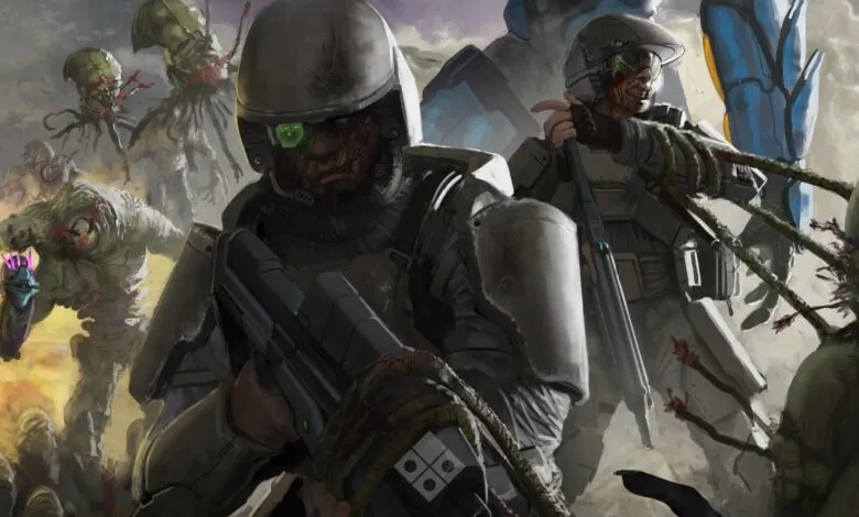 Two soldiers battle grotesque alien creatures in a gritty, action-packed scene.