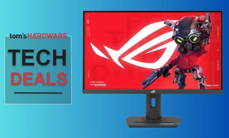 ROG gaming monitor with a robot character on screen, tech deals promotion.
