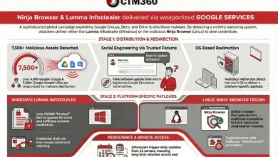 Infographic detailing Ninja Browser and Lumma Infostealer malware attack vectors.