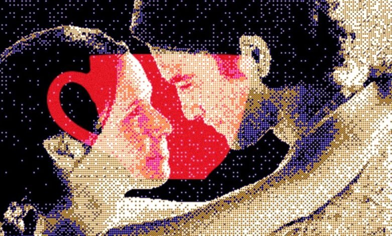 Pixelated image of a couple sharing a cup of coffee, faces close.