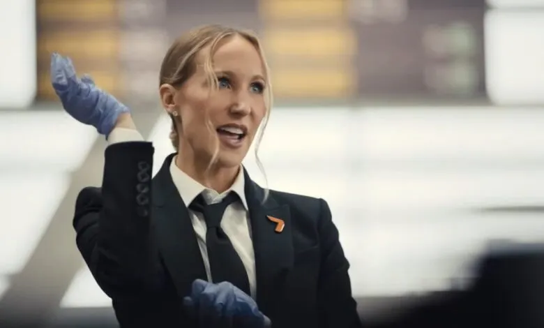 Woman in suit and gloves gestures in airport setting.