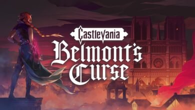 Castlevania: Belmont's Curse artwork featuring a Belmont clan member overlooking a burning city.