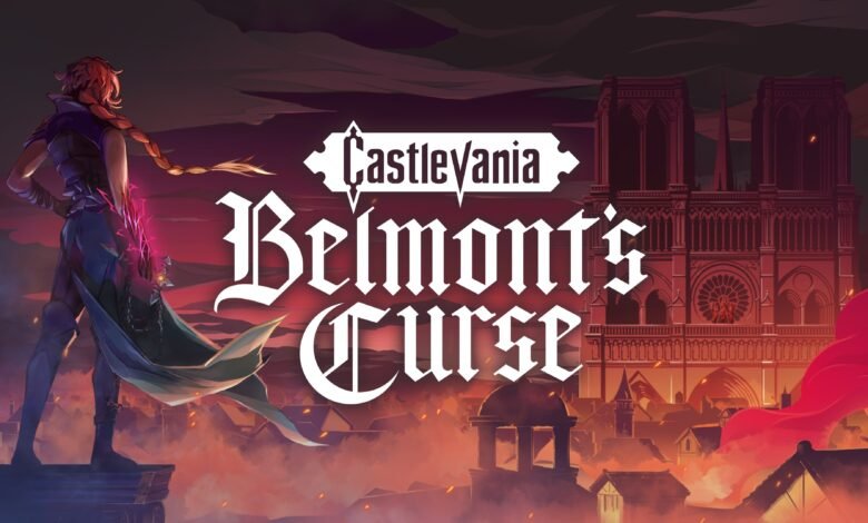 Castlevania: Belmont's Curse artwork featuring a Belmont clan member overlooking a burning city.