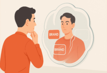 Man looking in mirror with 'Brand' labels on reflection.