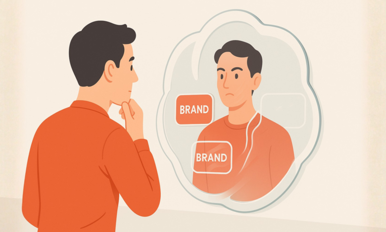 Man looking in mirror with 'Brand' labels on reflection.