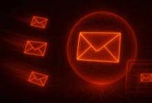 Glowing red email icons floating in a digital network.