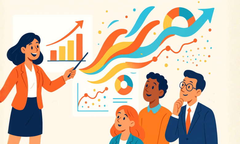 Businesswoman presents data to diverse team, showing growth charts.