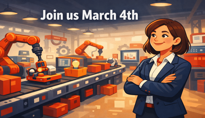 Cartoon image of woman in suit with factory automation and 'Join us March 4th' text.