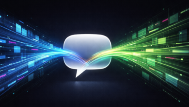 Glowing speech bubble with blue and green light streams on black.