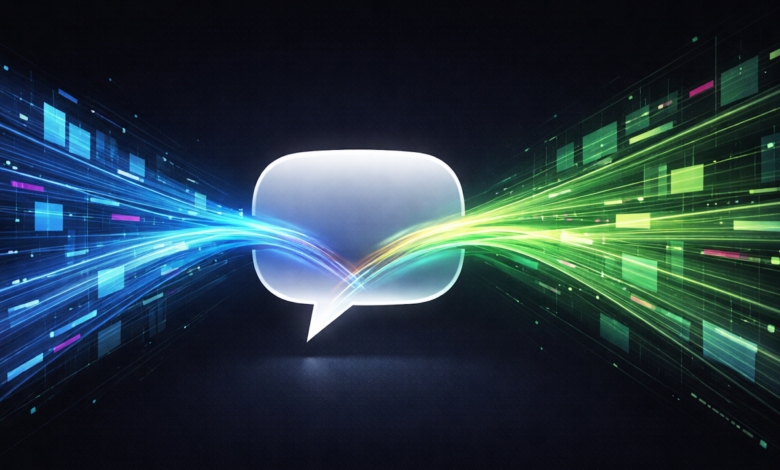 Glowing speech bubble with blue and green light streams on black.