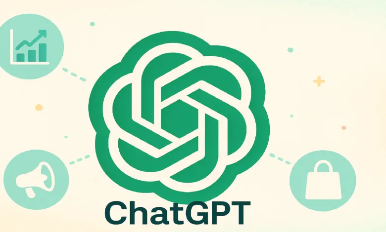 ChatGPT logo with icons representing growth, marketing, and e-commerce.