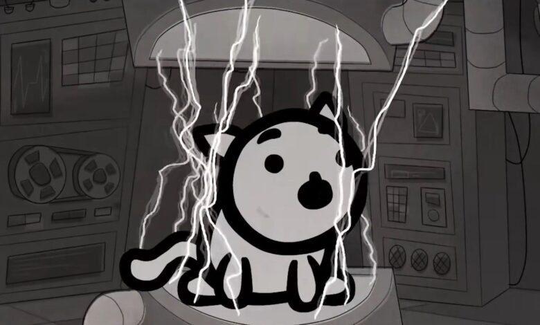 Cartoon cat surrounded by lightning in a laboratory setting.