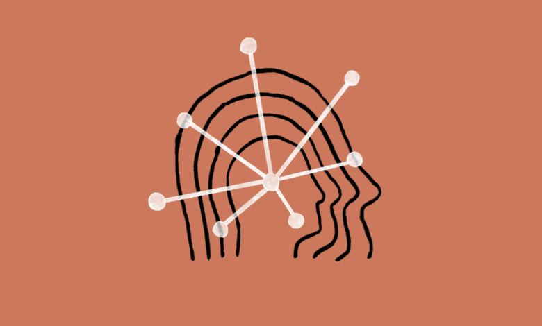 Abstract illustration of interconnected minds on a terracotta background.