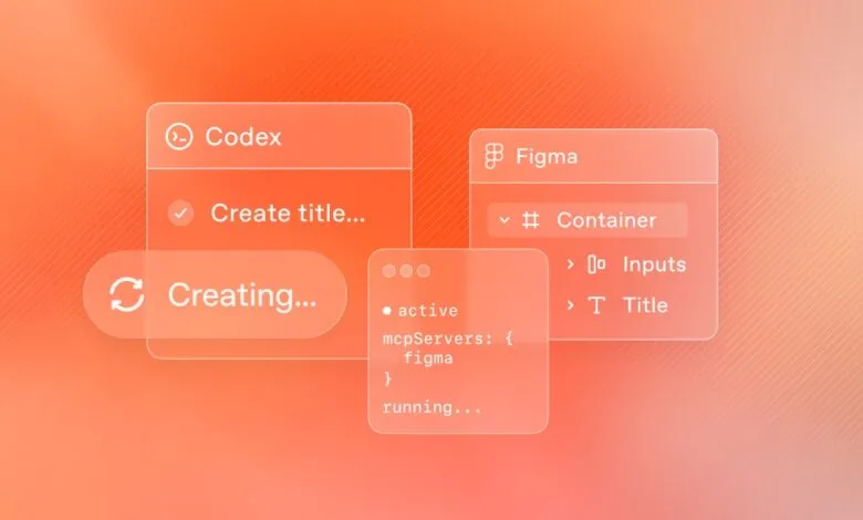 Codex and Figma UI elements with a transparent, glass-like design on an orange background.