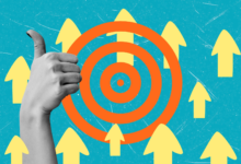 Hand giving thumbs up with target and arrows, success concept.