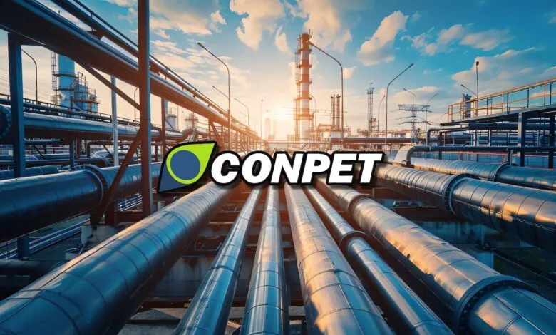 Industrial landscape with pipelines and CONPET logo against a sky backdrop.