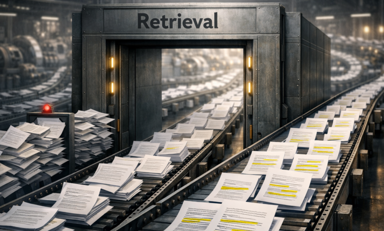Automated retrieval system with documents on conveyor belts.