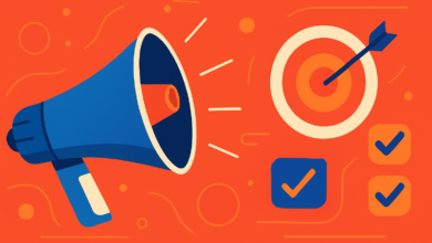 Illustration of a blue megaphone, target with arrow, and checkmarks on orange background.