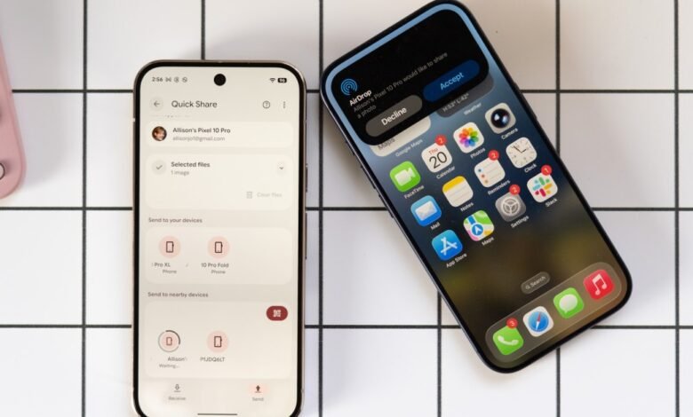 Android and iPhone sharing data via Quick Share and AirDrop.