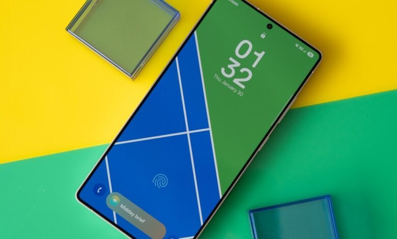 Smartphone displaying 1:32 on a green and blue patterned screen.