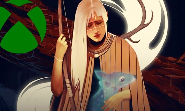 Woman with bow holds glowing deer, Xbox logo overlayed on artwork.