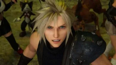 Close-up of Cloud Strife from Final Fantasy VII Rebirth, looking determined.
