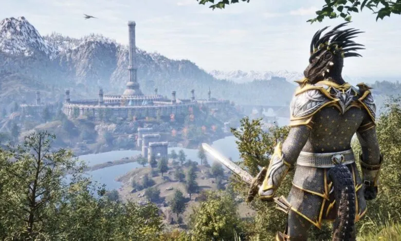 Argonian warrior in ornate armor gazes at a distant, majestic city.